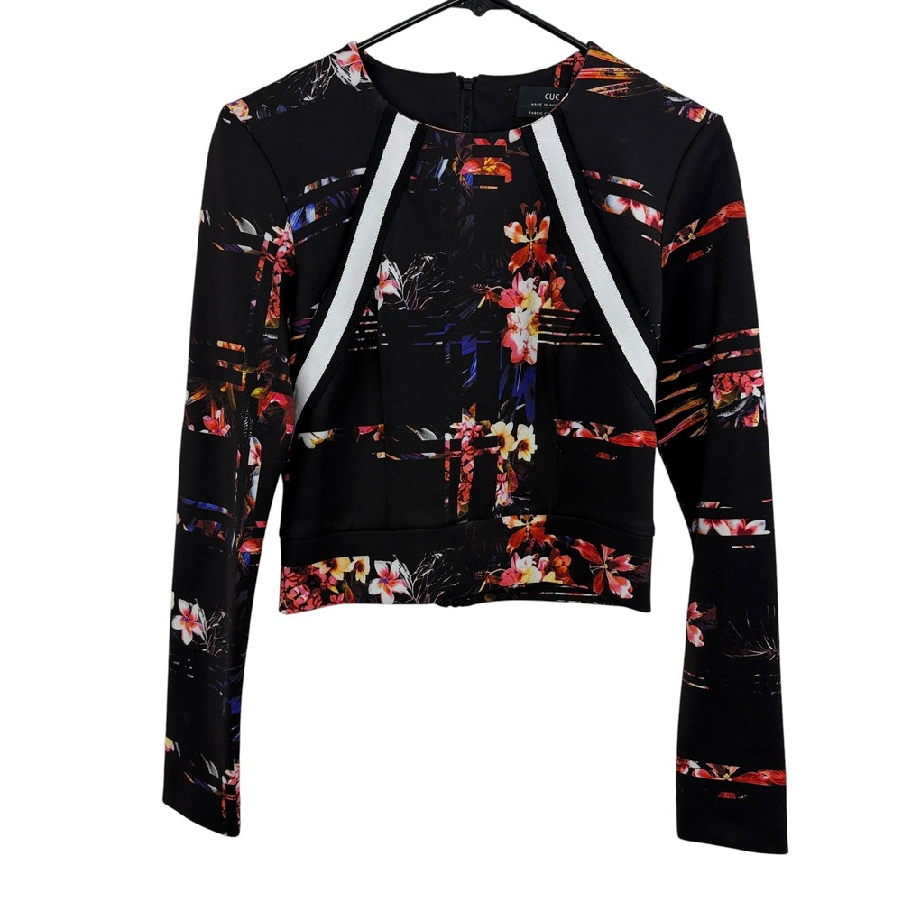 Cue Top Womens 10 Black Floral Print Long Sleeve Back Zip Contrast Trim